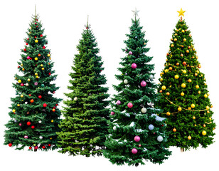 Fototapeta premium Set of Festive Christmas Trees with Pine Needles and Ornaments, Ready for Holiday Decoration, Isolated on Transparent Background, PNG