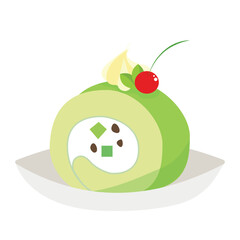 Delicious Green Roll Cake with Cream and Strawberry Decoration Vector