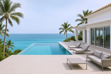 Fototapeta premium Luxury Villa with Infinity Pool Overlooking Turquoise Sea and Palm Trees on a Tropical Island