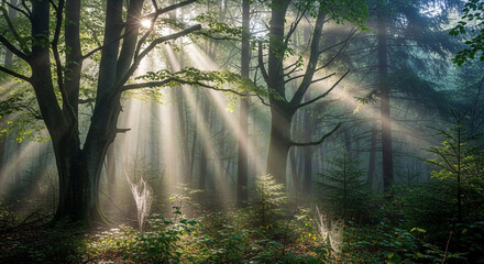 Obraz premium Sun rays shining through trees in a forest creating a magical atmosphere, with lush green foliage and a sense of tranquility and natural beauty
