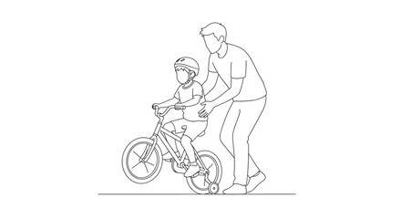 Obraz premium Vector line drawing of a man teaching a child to ride a bicycle with training wheels outdoors today