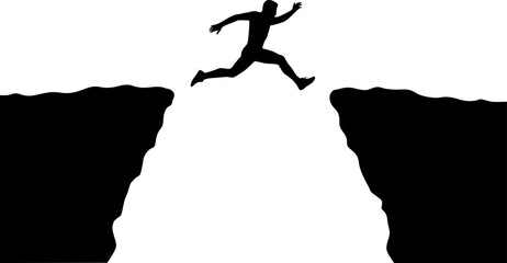 Man jumping silhouette between cliffs at sunrise — motivational success and challenge concept for design and business visuals