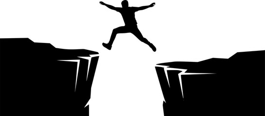 Man jumping silhouette between cliffs at sunrise — motivational success and challenge concept for design and business visuals