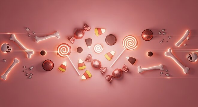 Festive Halloween candy and glowing bones arranged in a symmetrical flat lay on a pink background.