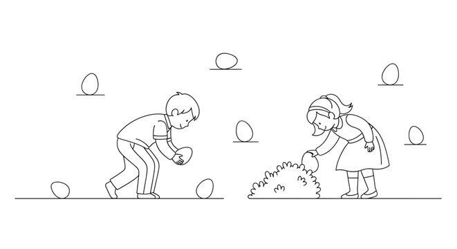 Vector a boy and a girl are finding eggs near a bush, it's an easter egg hunt illustration art