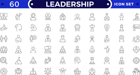 Leadership outline icon set. Containing leader, vision, guidance, mentorship, coaching, influence, charisma, challenge, lead, Motivation, Goal, Career, Mountain Peak, Award, Winning  and more.