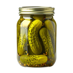Jar filled with dill pickles, visible through clear glass, surrounded by brine