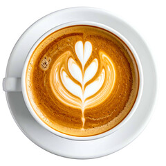 Overhead view of a coffee cup with latte art, resting on a saucer, dark background