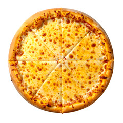 Top-down view of a classic eight-slice cheese pizza on a black background