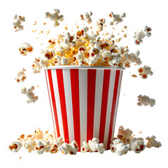 A red and white striped popcorn bucket overflows, kernels flying, isolated on black