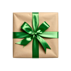 Square gift box wrapped in brown paper, tied with a vibrant green satin ribbon and bow