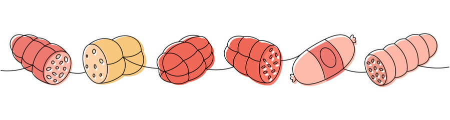 Sausages set. Sausages products one line colored continuous drawing. Vector illustration