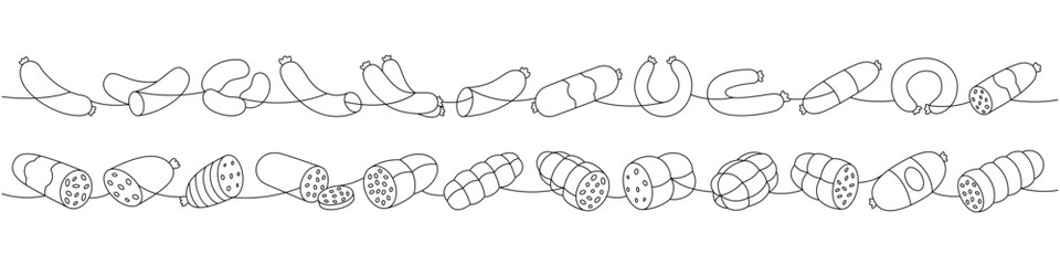 Smoked sausages set. Sausages products one line continuous drawing. Vector illustration.