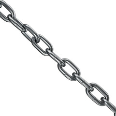 A diagonal, detailed image of a metallic chain with interlocking links against a black backdrop