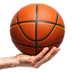 A hand holds a textured orange ball with black lines against a black background