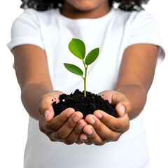 A young child with brown skin holds a small green plant with soil in cupped hands