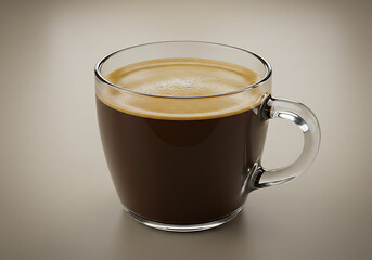 A freshly brewed cup of black coffee with a rich crema, served in a clear glass mug on a neutral background.