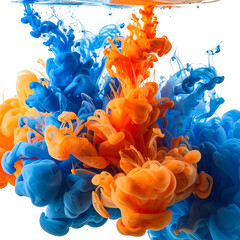 Vibrant plumes of orange and blue liquid swirling in water, creating an abstract, colorful design