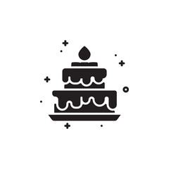 Simple Black Silhouette Icon of a Two Tiered Celebration Cake with Drips and a Single Candle On Top Decorated with Small Stars and Plus Signs on a White Background