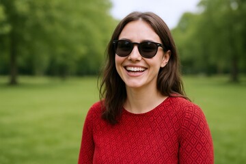 Cheerful Woman with Sunglasses Smiling in a Park Setting, Capturing a Moment of Joy and Relaxation