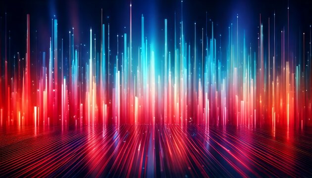 Abstract neon lights burst upwards from a reflective surface, creating a vibrant, colorful display. Hints: Energy, Dynamic, Digital.