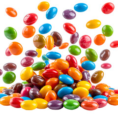 A vibrant cascade of colorful, glossy, oval-shaped candies, piled and suspended in mid-air