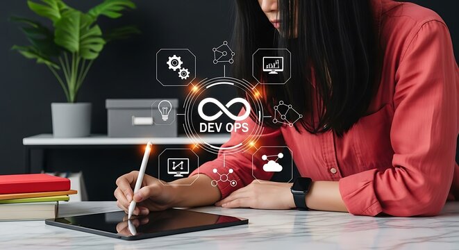 Conceptual Visualization of Woman Using Tablet Displaying DevOps Technology Illustration - Powered by Adobe