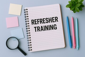 Refresher Training Notice on Notepad with Office Supplies, Representing Employee Education and Professional Development