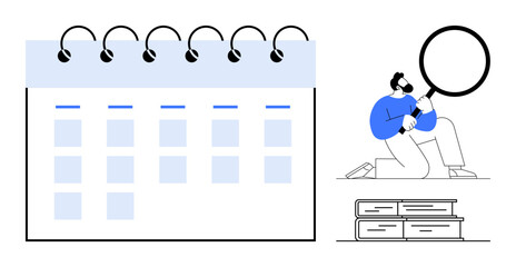 Spiral calendar features dates and blocks. Man kneeling, examining closely with magnifying glass by stacked books. Ideal for time management, research, education, analysis, productivity, scheduling