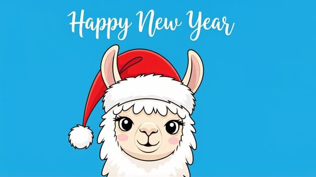Festive Llama Wishes Happy New Year with Santa Hat