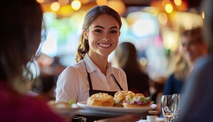 A young waitress with a welcoming smile carries a plate of food to customers in a brightly lit restaurant setting.