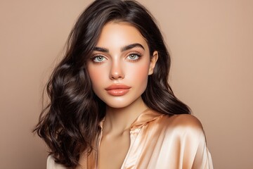 Naklejka premium Portrait of Beautiful Woman with Wavy Dark Hair and Flawless Skin Against Neutral Backdrop