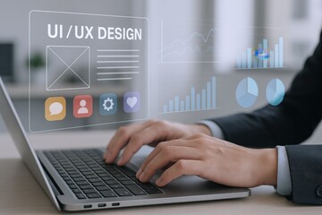 UI/UX Designer Working on Laptop with Holographic Interface, Displaying Website Wireframe and Data Visualization Graphics
