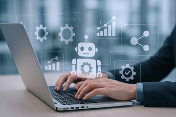 Artificial Intelligence Integration: Man Using Laptop with AI Interface Overlay for Business Automation and Analytics