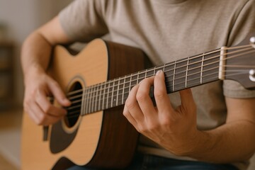 Close-up of a Man Playing Acoustic Guitar, Focused on Chord Fingering and Musical Expression