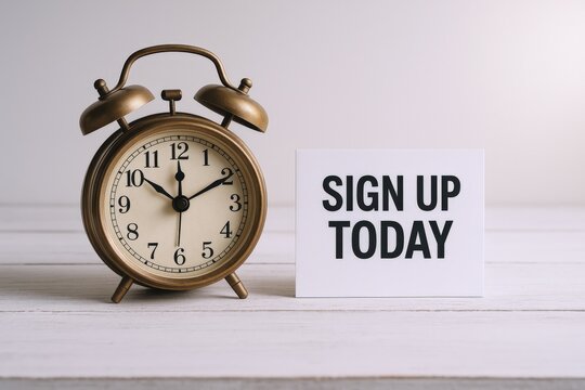 Time-Sensitive Invitation: Vintage Clock and Sign Up Today Message on White Wooden Background
