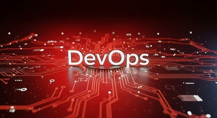 Abstract Futuristic DevOps Circuit Board Concept with Red Background and Depth of Field