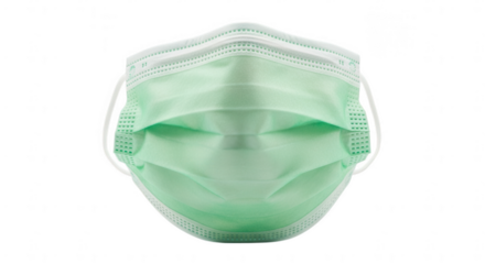 Close up front view of a green disposable face mask with ear loops isolated isloted on transparent background