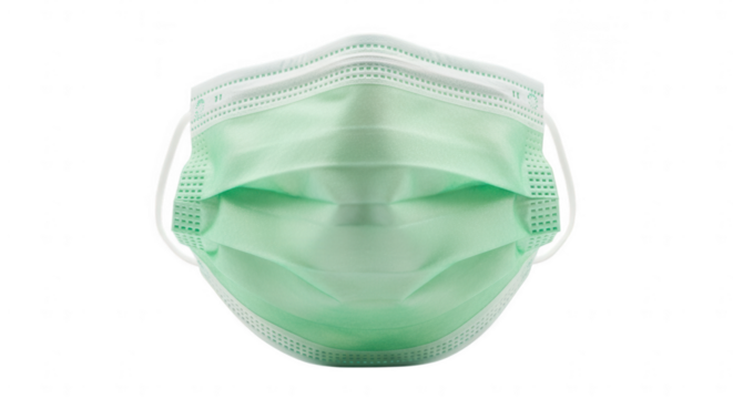 Close up front view of a green disposable face mask with ear loops isolated isloted on transparent background