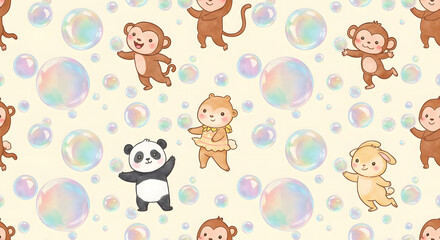 Obraz premium Playful monkeys and panda bear in a whimsical cartoon style.