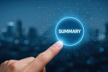 Summary Concept with Finger Pressing Luminous Button Over Blue Futuristic Background and Cityscape