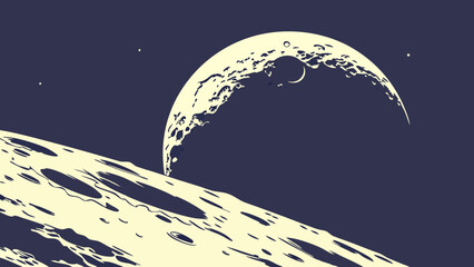 Celestial bodies space moon planet cosmic landscape abstract art illustration artwork design background wallpaper banner texture surface craters night sky stars galaxy universe.