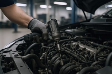 Fototapeta premium Automotive Technician Repairing Car Engine Using Power Tool in Garage for Vehicle Maintenance and Servicing