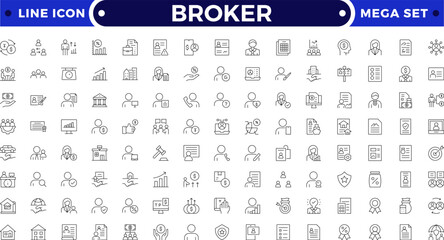 Broker outline icon set. Domain Marketplace Icons. Outline icon set of domain marketplace: auction, domain broker, price tag, bid, offer, domain appraisal.