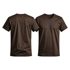 Two brown t-shirts, front and back views, isolated on a dark background