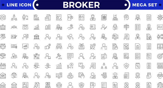 Broker outline icon set. Domain Marketplace Icons. Outline icon set of domain marketplace: auction, domain broker, price tag, bid, offer, domain appraisal.