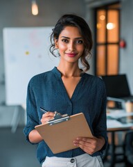 Confident Businesswoman with Clipboard in Modern Office Setting, Smiling and Ready for Success