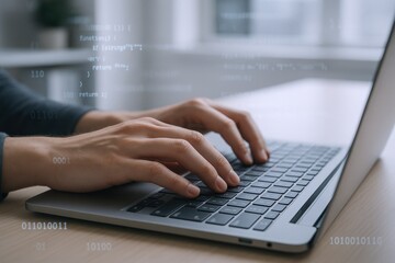 Coding on Laptop: Hands Typing Software Code for Web Development and Cybersecurity
