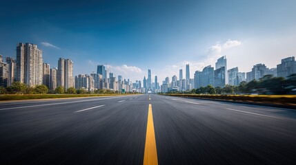 Fototapeta premium Cityscape View with Asphalt Road Leading to Modern Skyline on Sunny Day