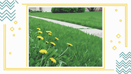Naklejka premium Dandelions blooming in a lush green lawn next to a sidewalk perfect for spring or summer themes.